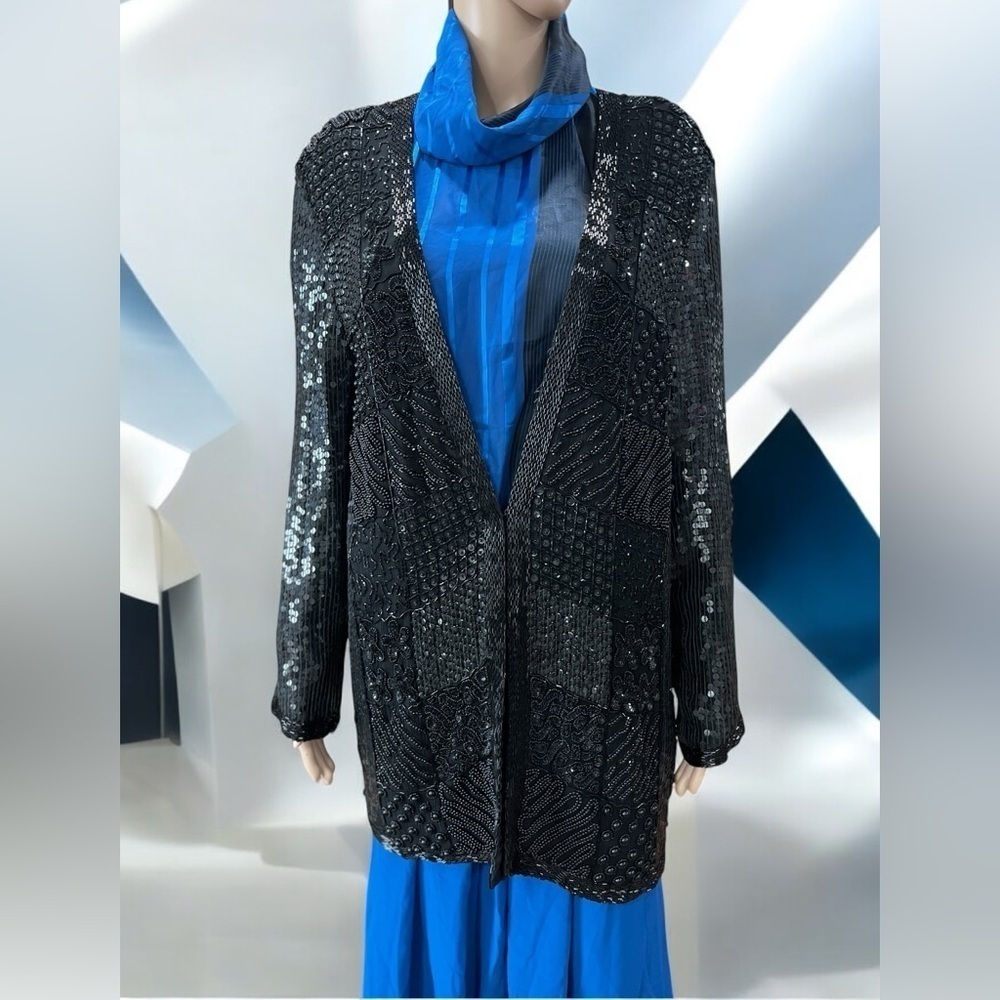 Vintage Nite Line Black Silk sequin beaded open front trench jacket women's L